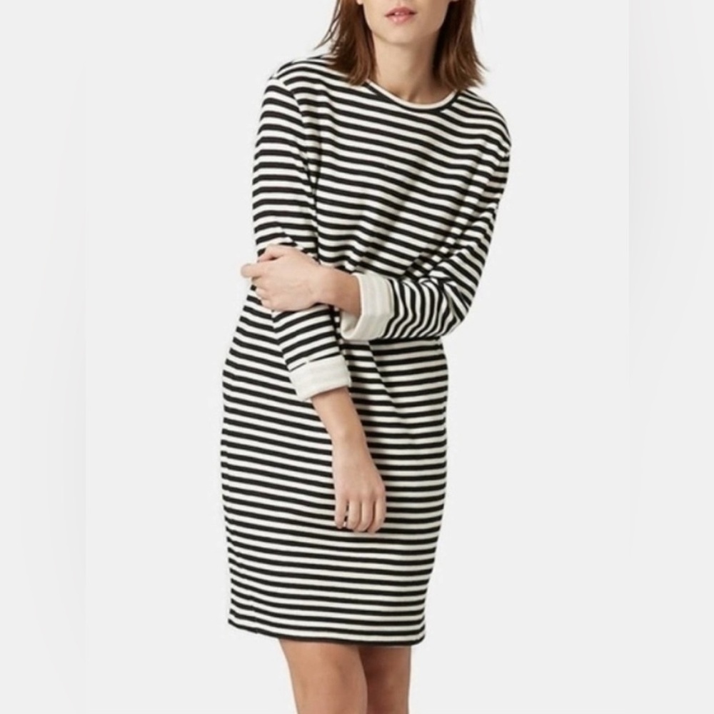 Topshop Black & White Horizontal Stripe Knit Dress by w 3/4 Cuffed Sleeves Sz 6